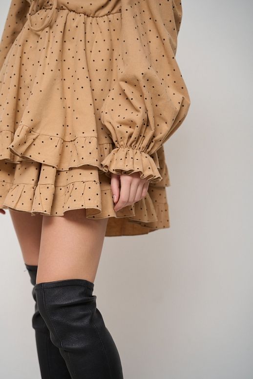 Sukienka z ciepłej bawełny ciemnobrązowa w czarny groszek