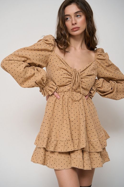 Sukienka z ciepłej bawełny ciemnobrązowa w czarny groszek